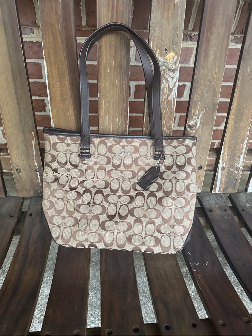 Coach Beige and Brown Signature Canvas Tote